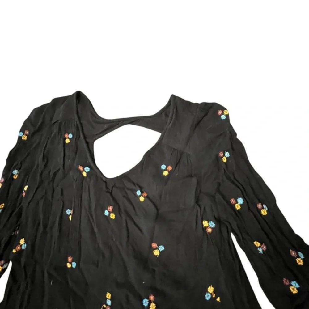 FREE PEOPLE Black Oxford Embroidered Dress Size Small BOHO Long‎ Sleeve Floral